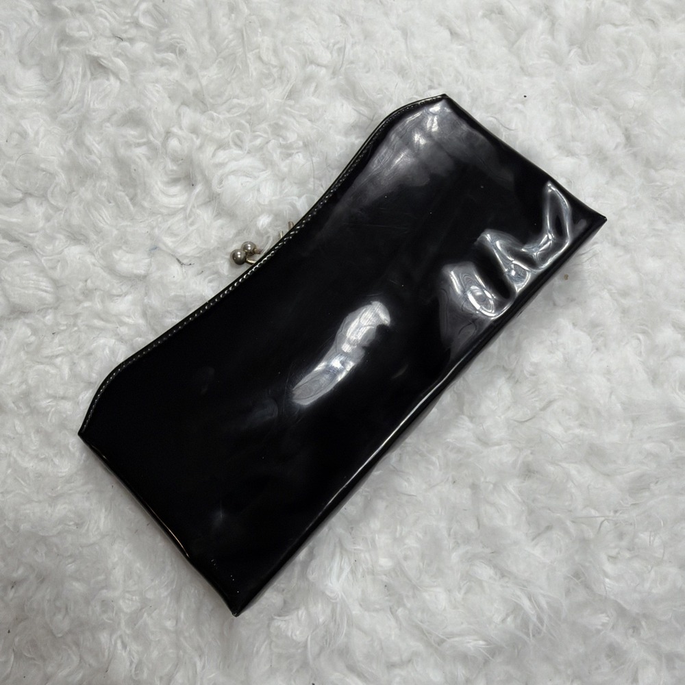 Vintage 80's Black Kiss Lock Evening Bag Clutch Oblong Rectangle Patent Leather - Picture 5 of 8